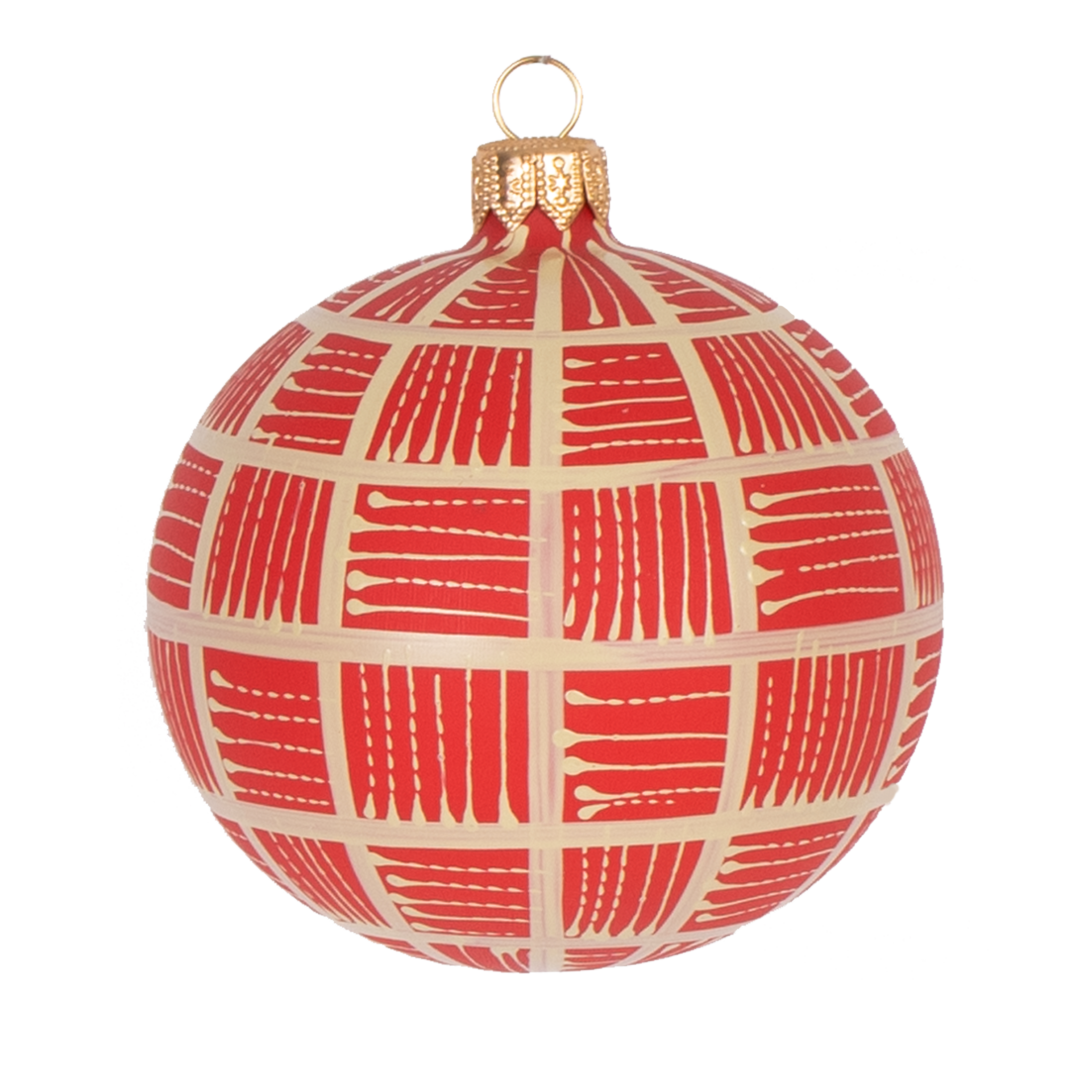 Lines Glass Bauble Natural on Red, 8cm