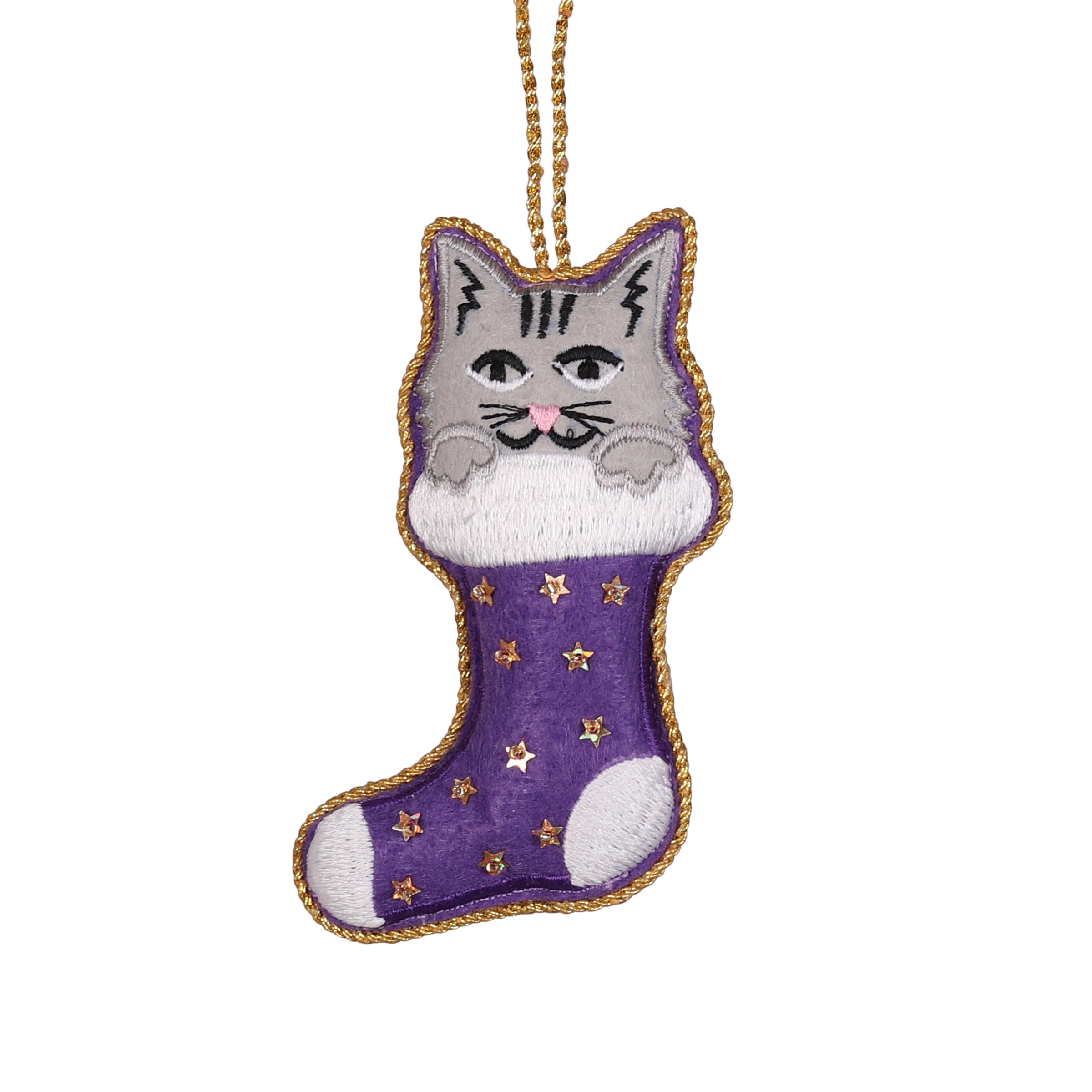 Cat in Stocking Embroidered Decoration, 11cm