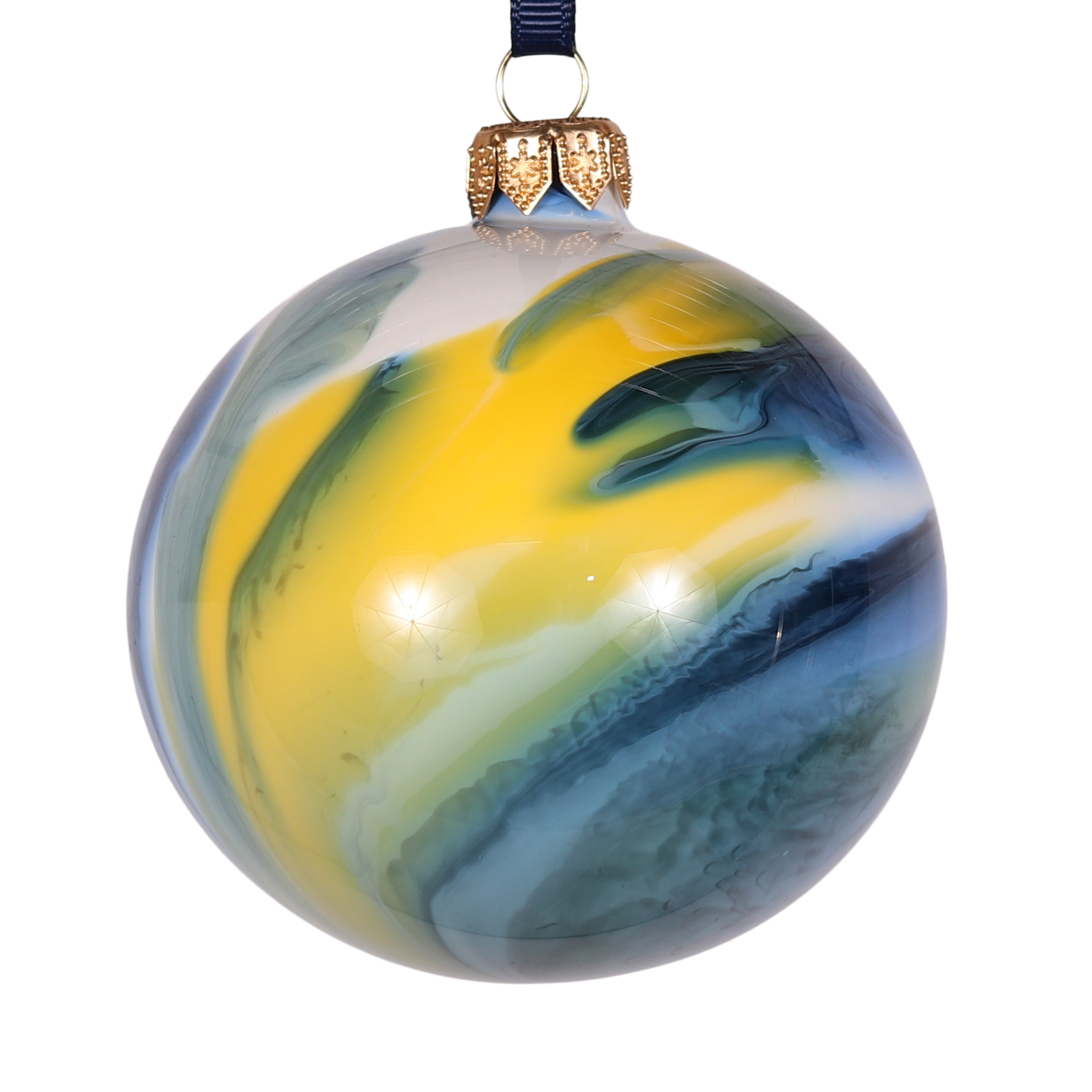 Marble Effect Bauble Blue, Yellow, 8cm