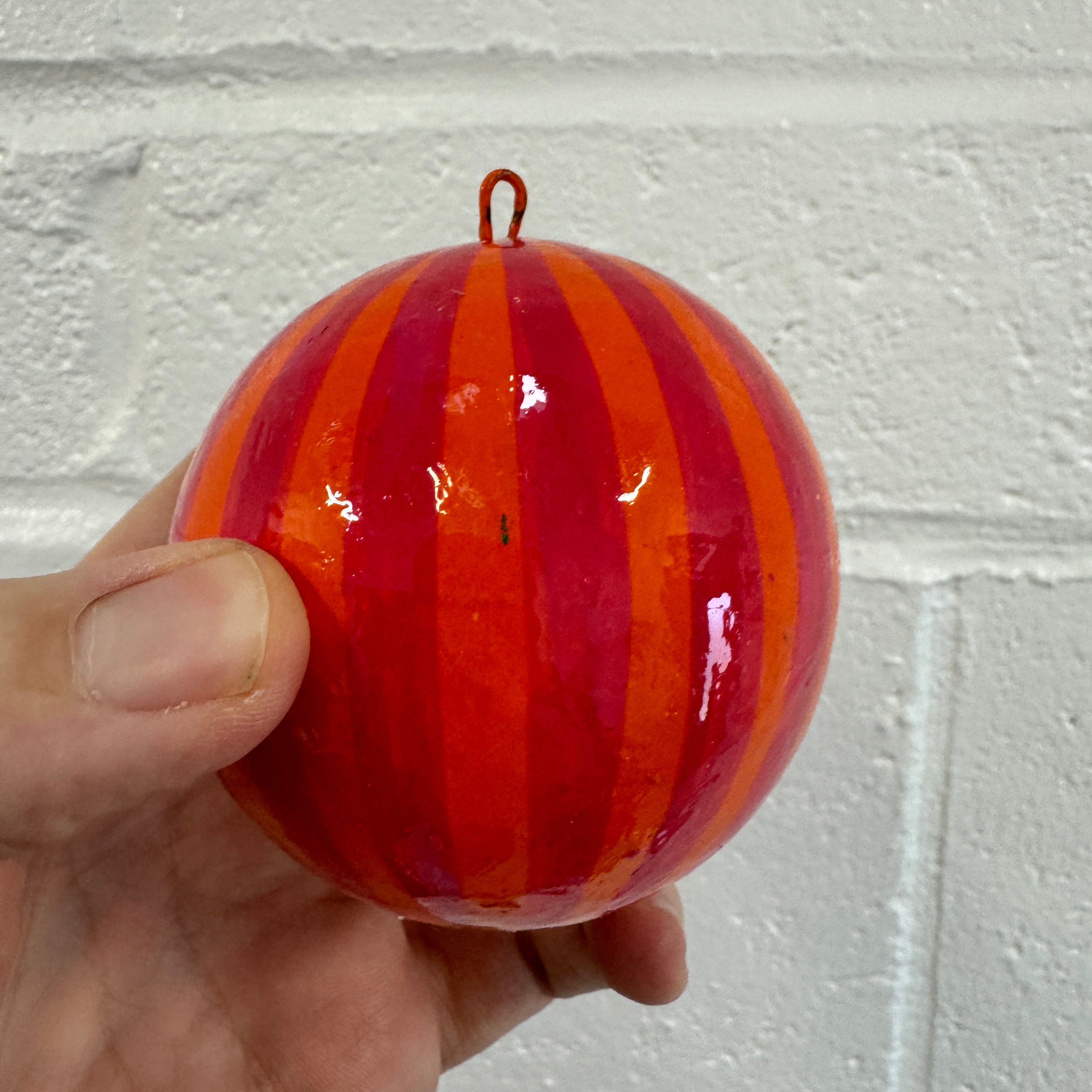 Papier Mache Stripe Magenta & Orange 7cm Bauble, Seconds Box of 6