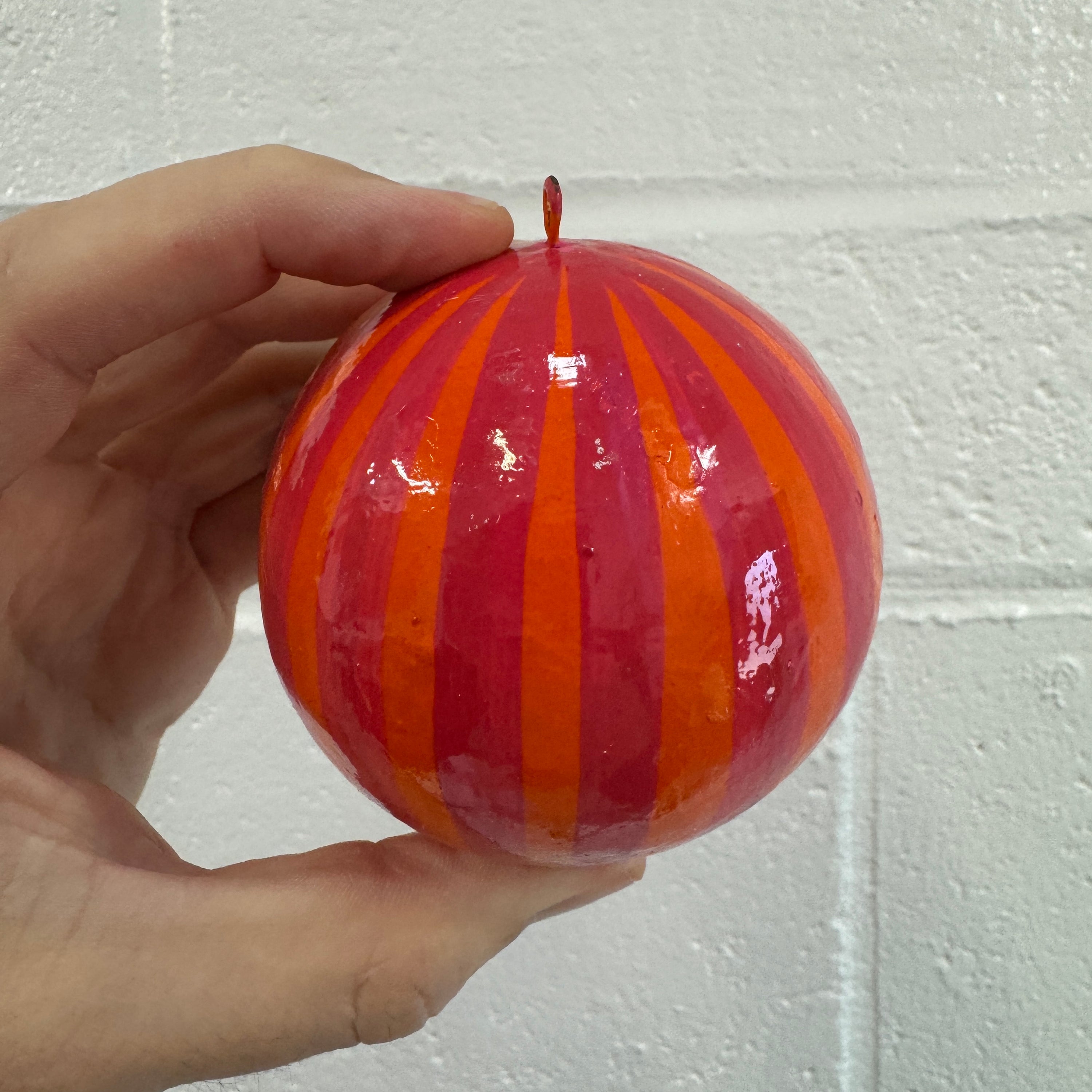 Papier Mache Stripe Magenta & Orange 7cm Bauble, Seconds Box of 6