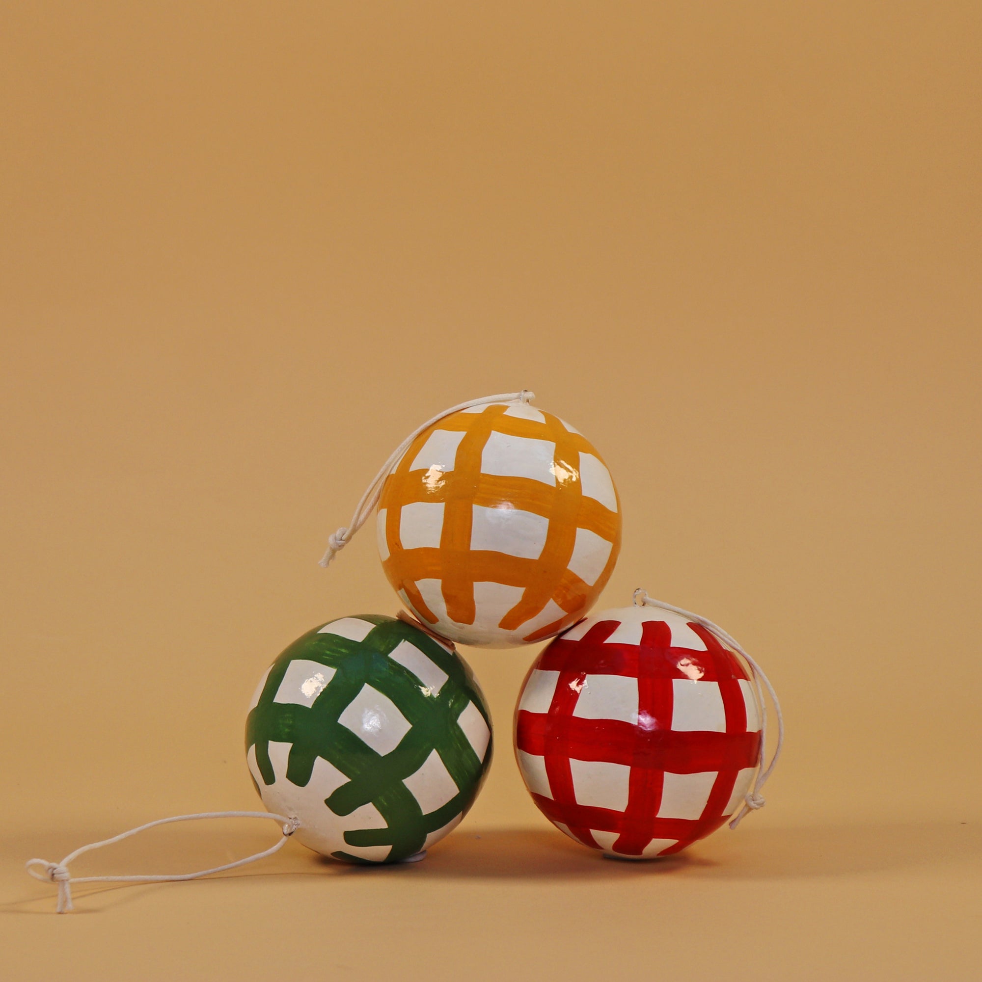 Brushstroke Ochre Check Papier Mâché Bauble