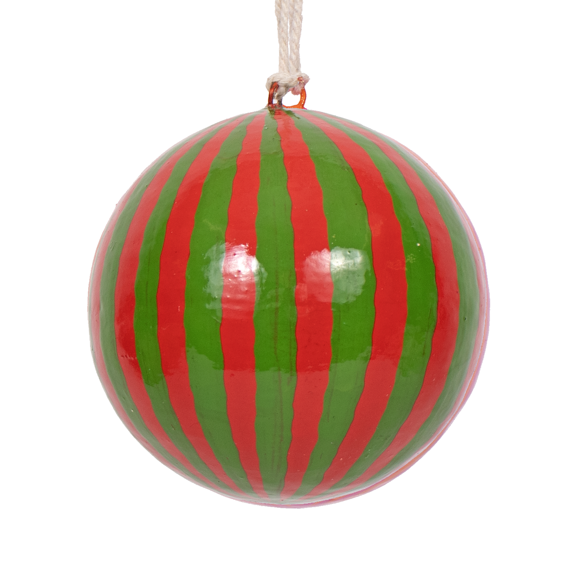 Striped Green & Red Papier Mâché Bauble