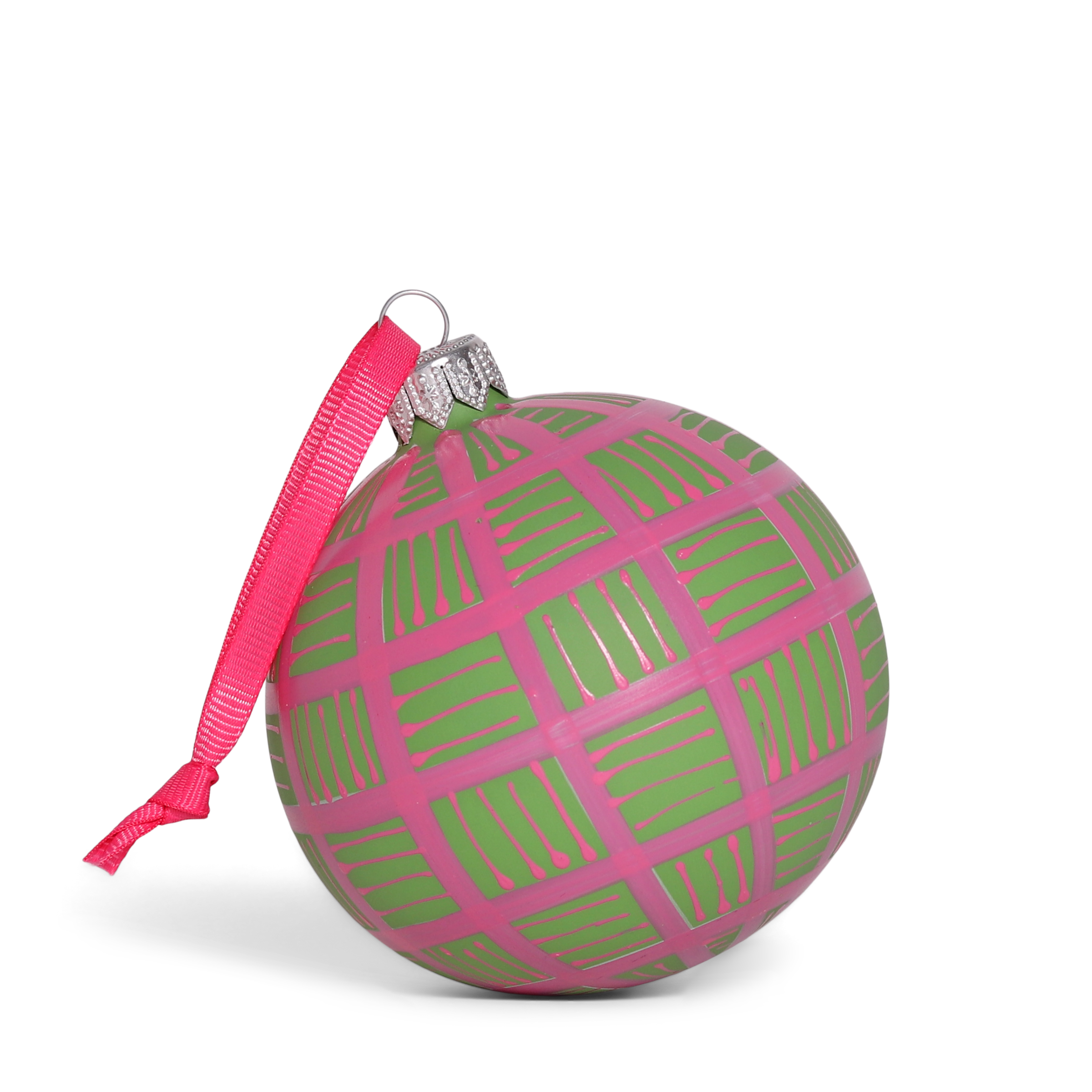 Lines Glass Bauble Pink on Green, 8cm