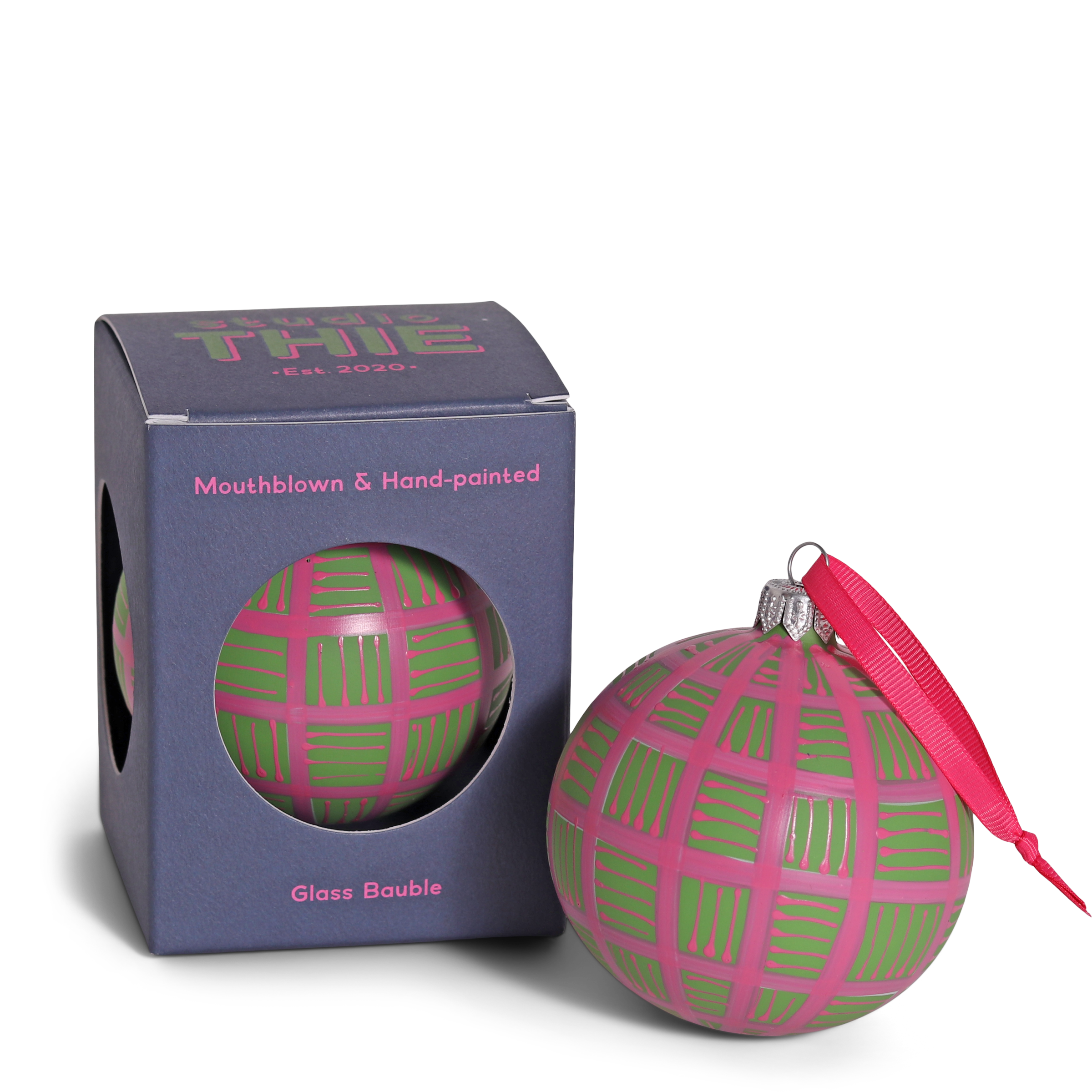 Lines Glass Bauble Pink on Green, 8cm