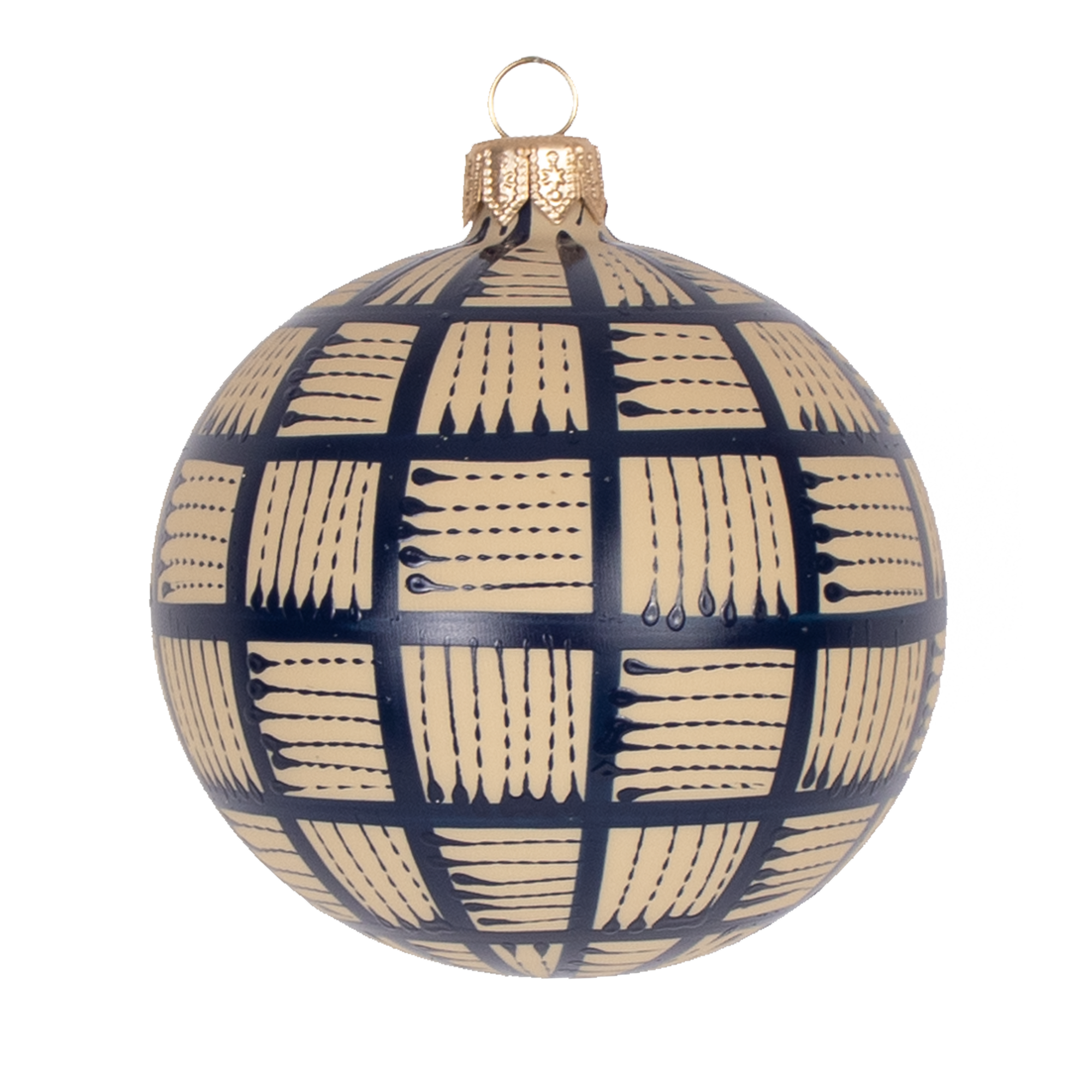Lines Glass Bauble Navy on Taupe, 8cm