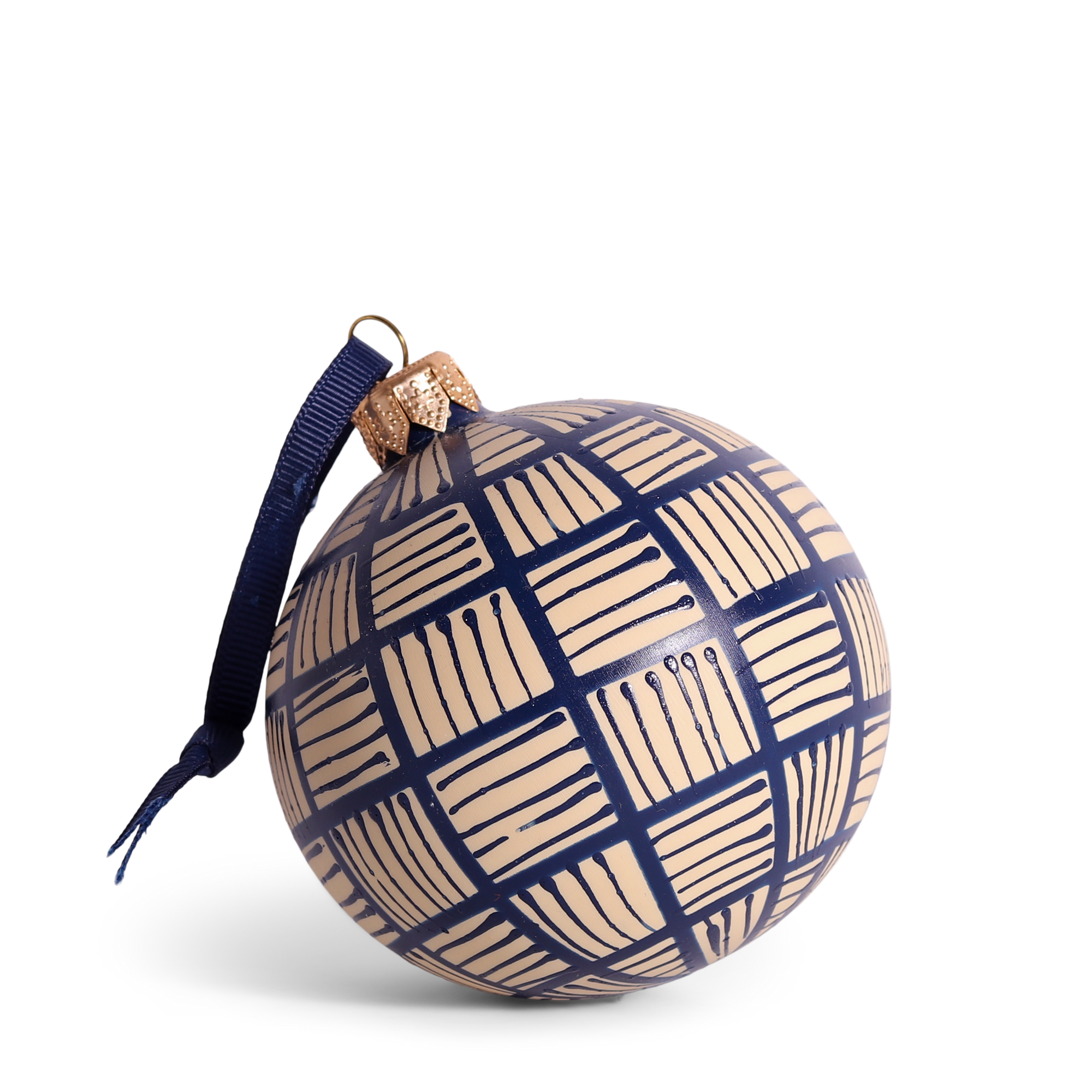 Lines Glass Bauble Navy on Taupe, 8cm