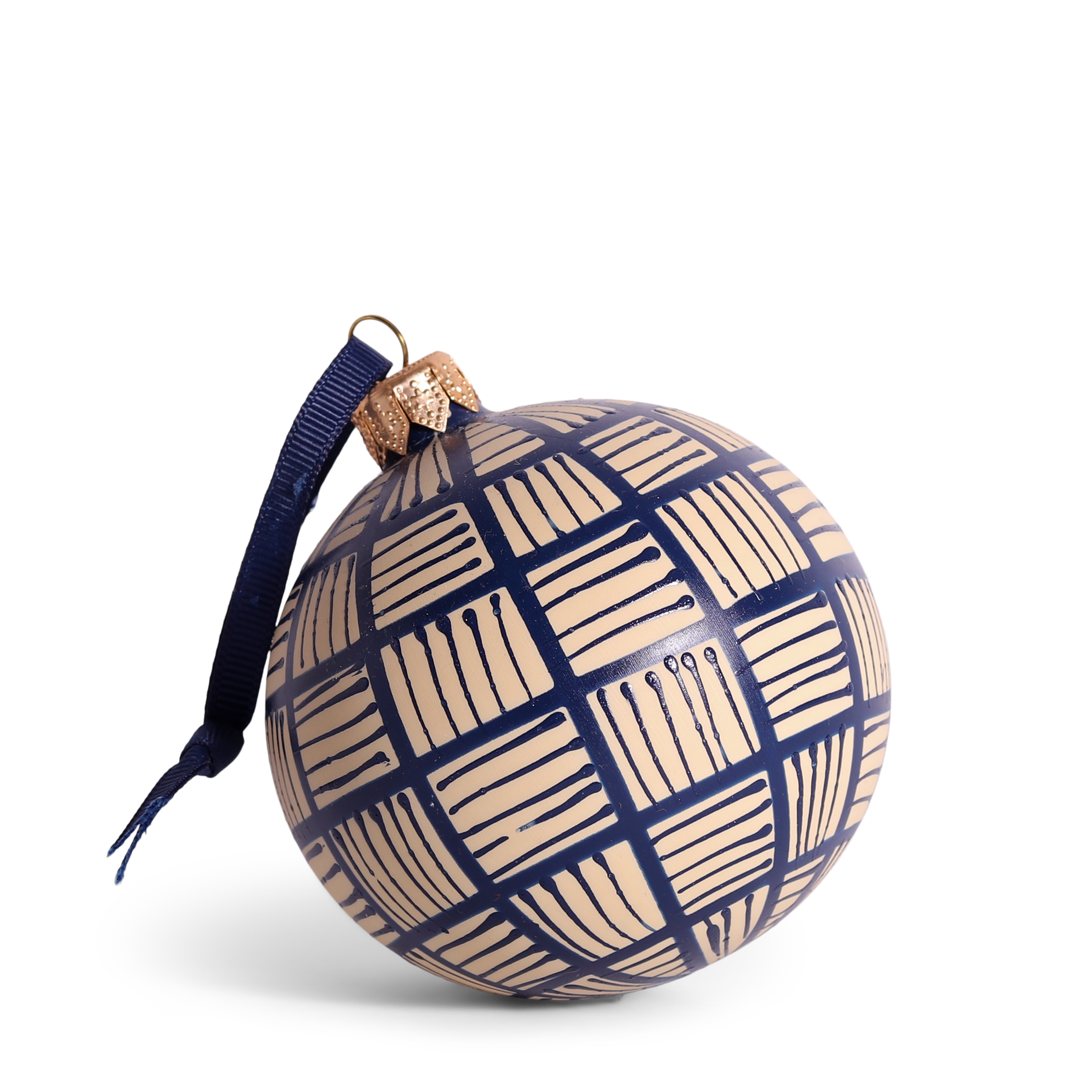 Lines Glass Bauble Navy on Taupe, 8cm