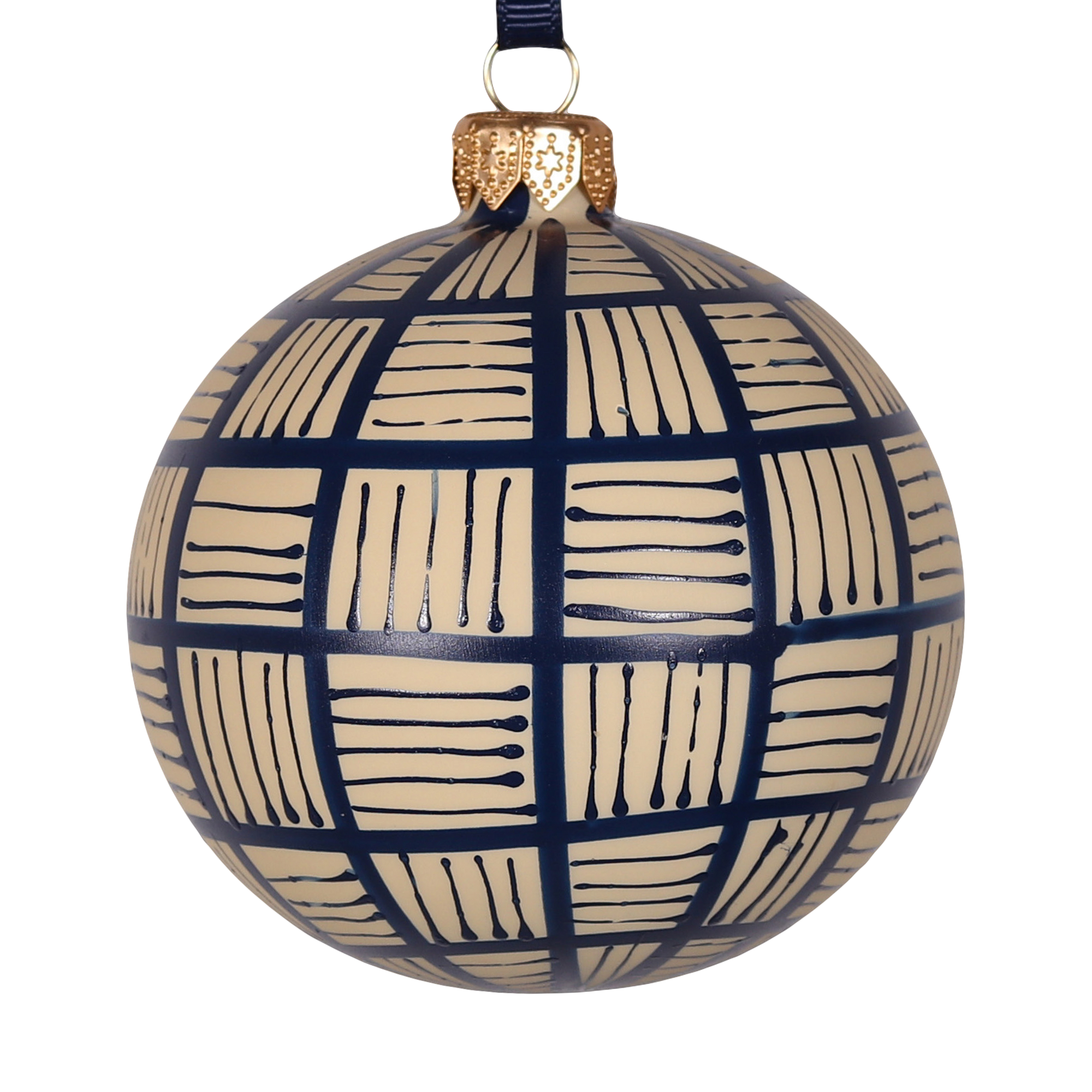 Lines Glass Bauble Navy on Taupe, 8cm