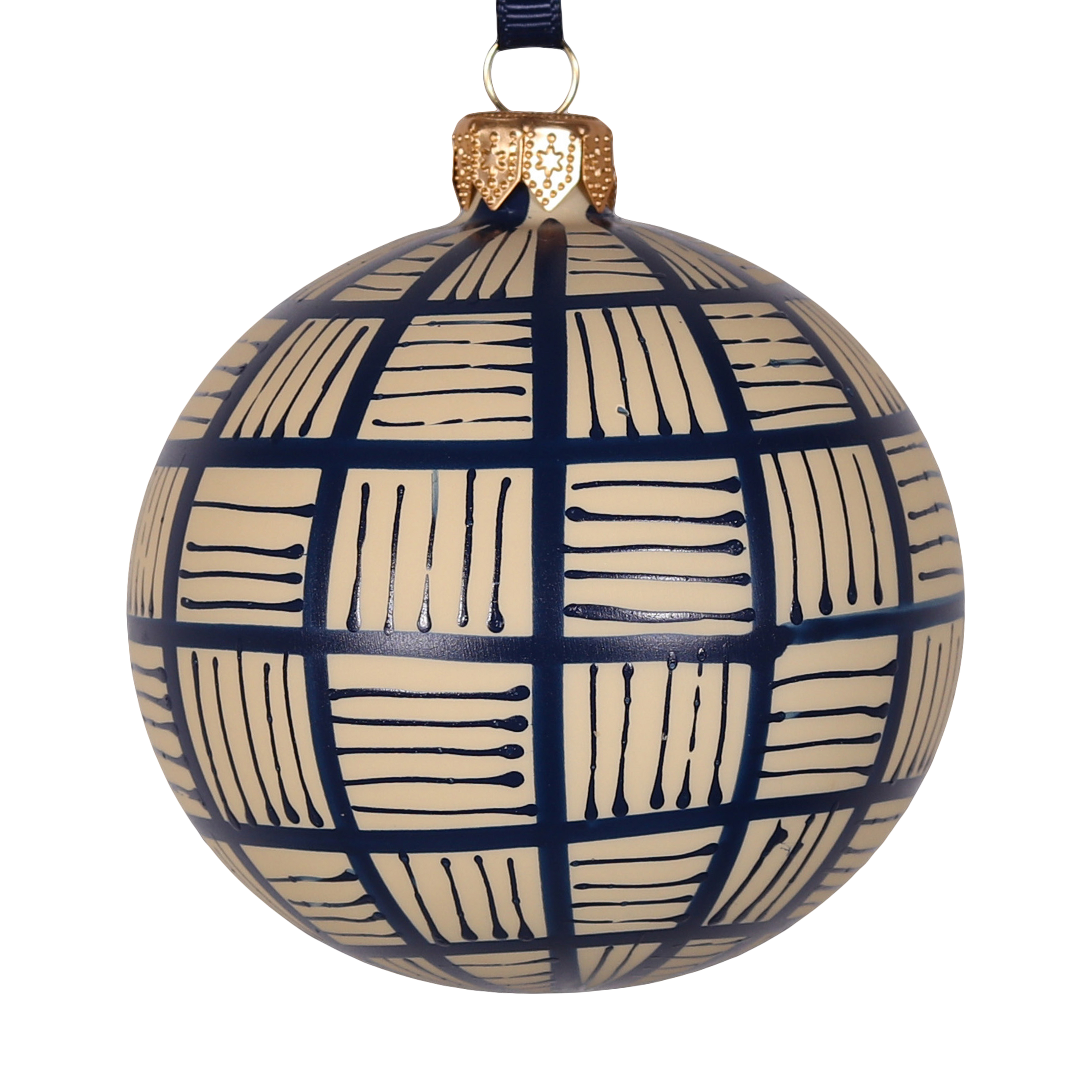 Lines Glass Bauble Navy on Taupe, 8cm