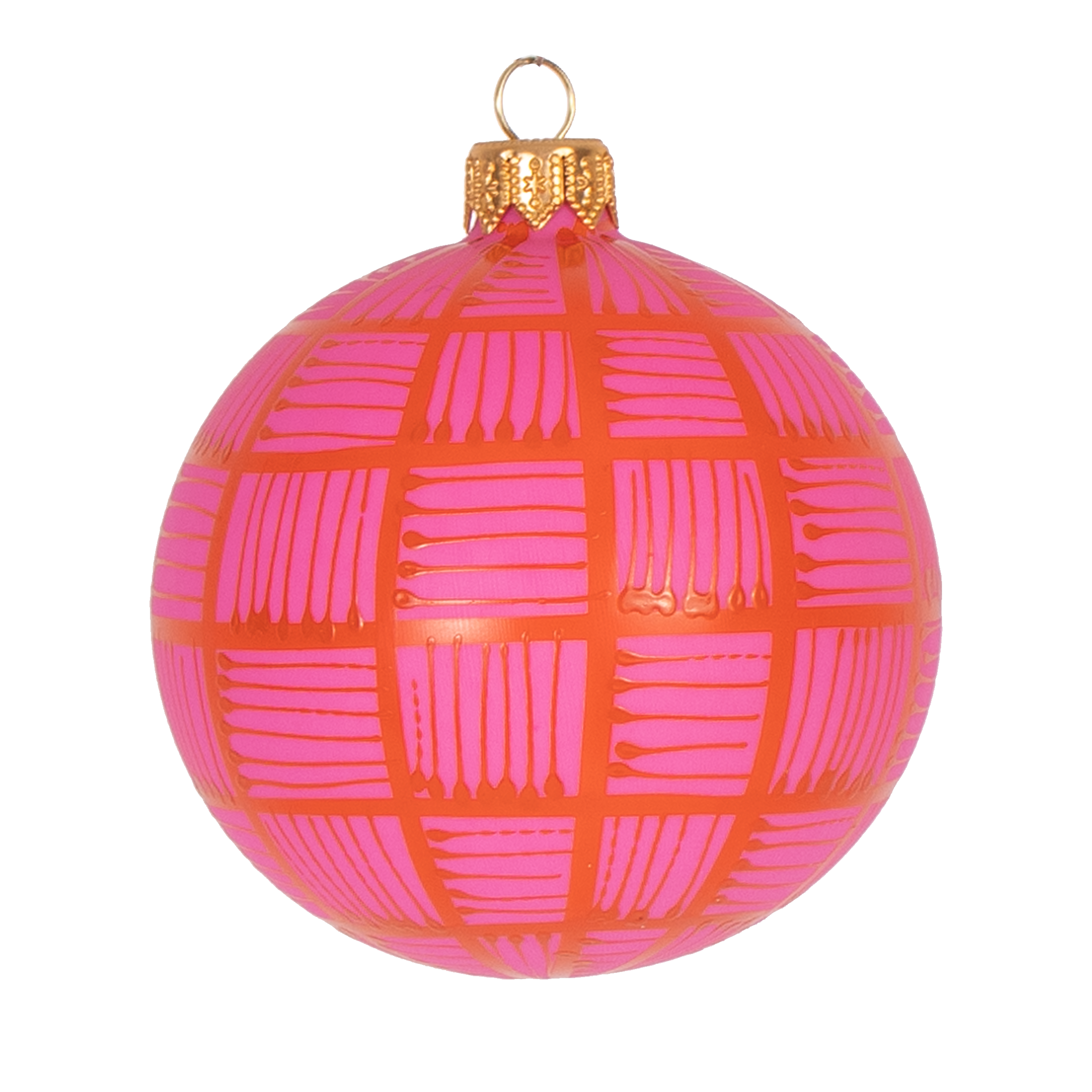 Lines Glass Bauble Orange on Pink, 8cm
