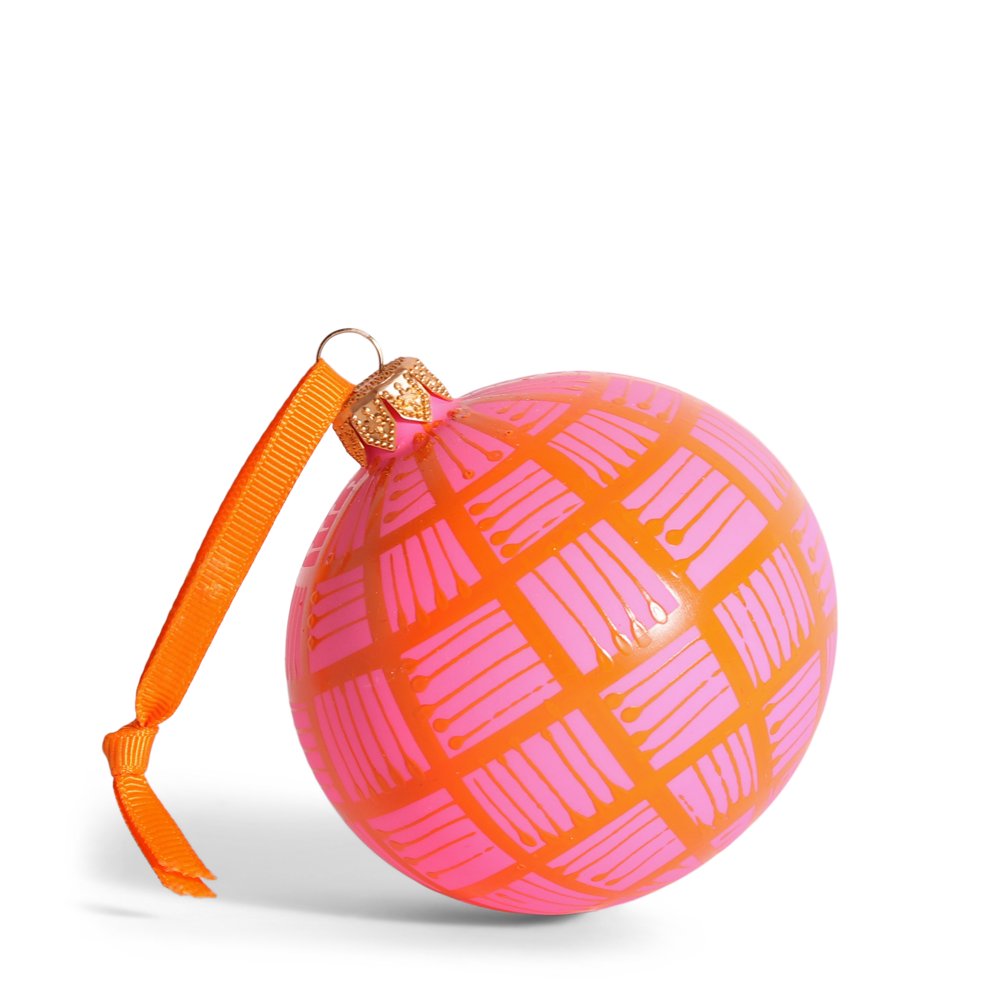Lines Glass Bauble Orange on Pink, 8cm