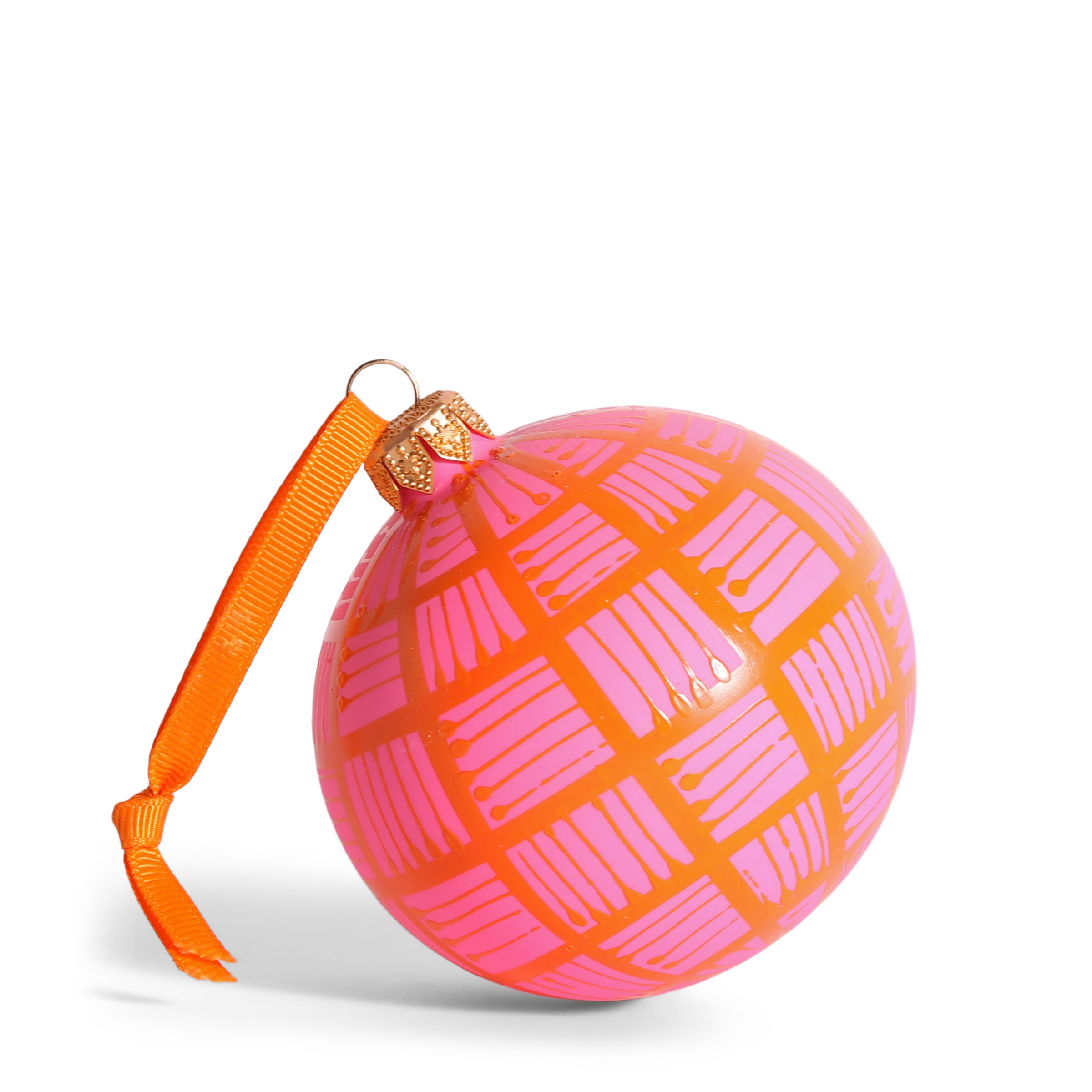 Lines Glass Bauble Orange on Pink, 8cm