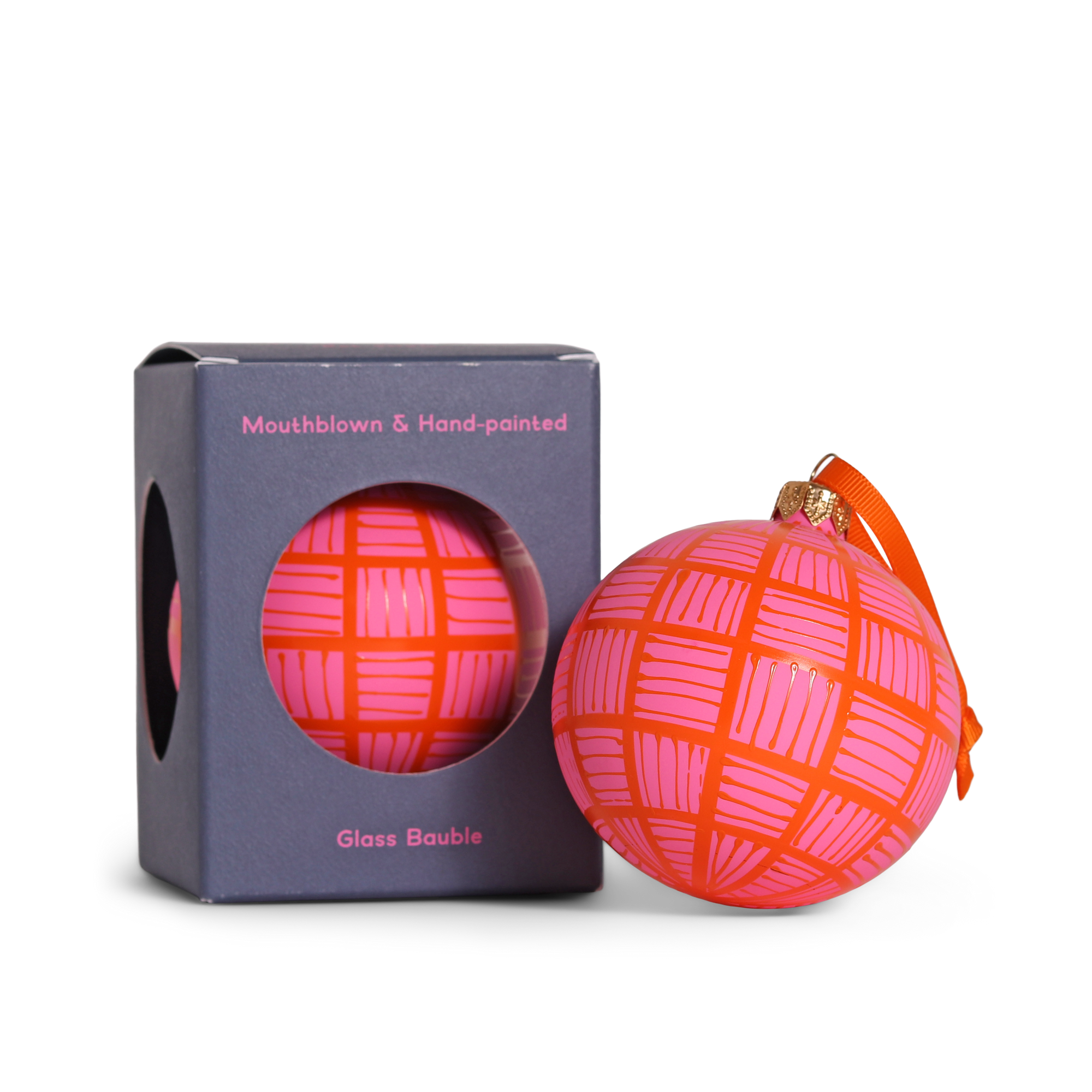 Lines Glass Bauble Orange on Pink, 8cm