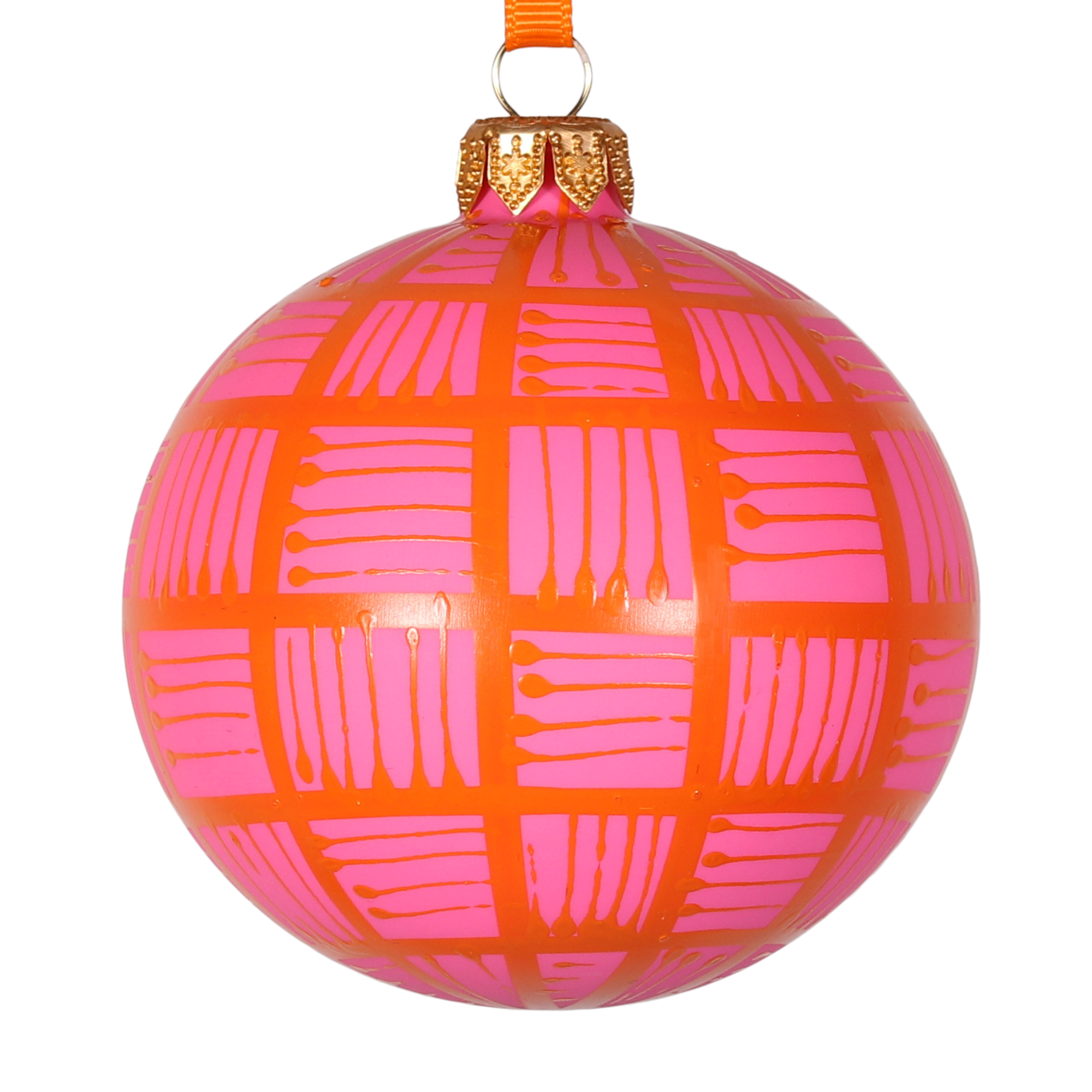 Lines Glass Bauble Orange on Pink, 8cm