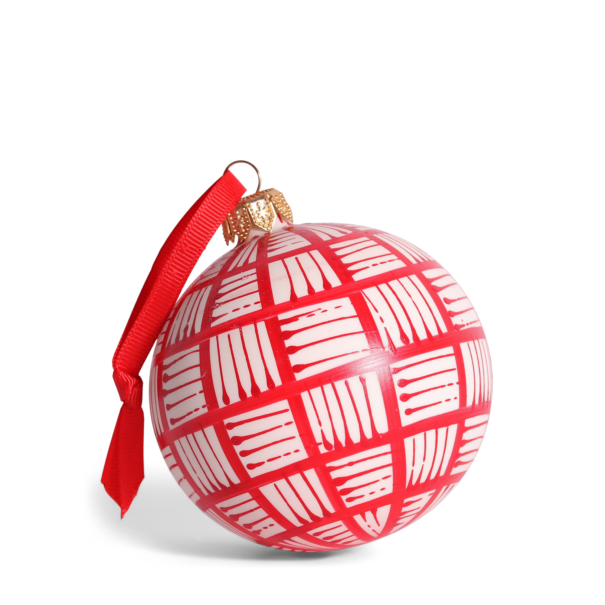 Lines Glass Bauble 8cm, Red on Natural