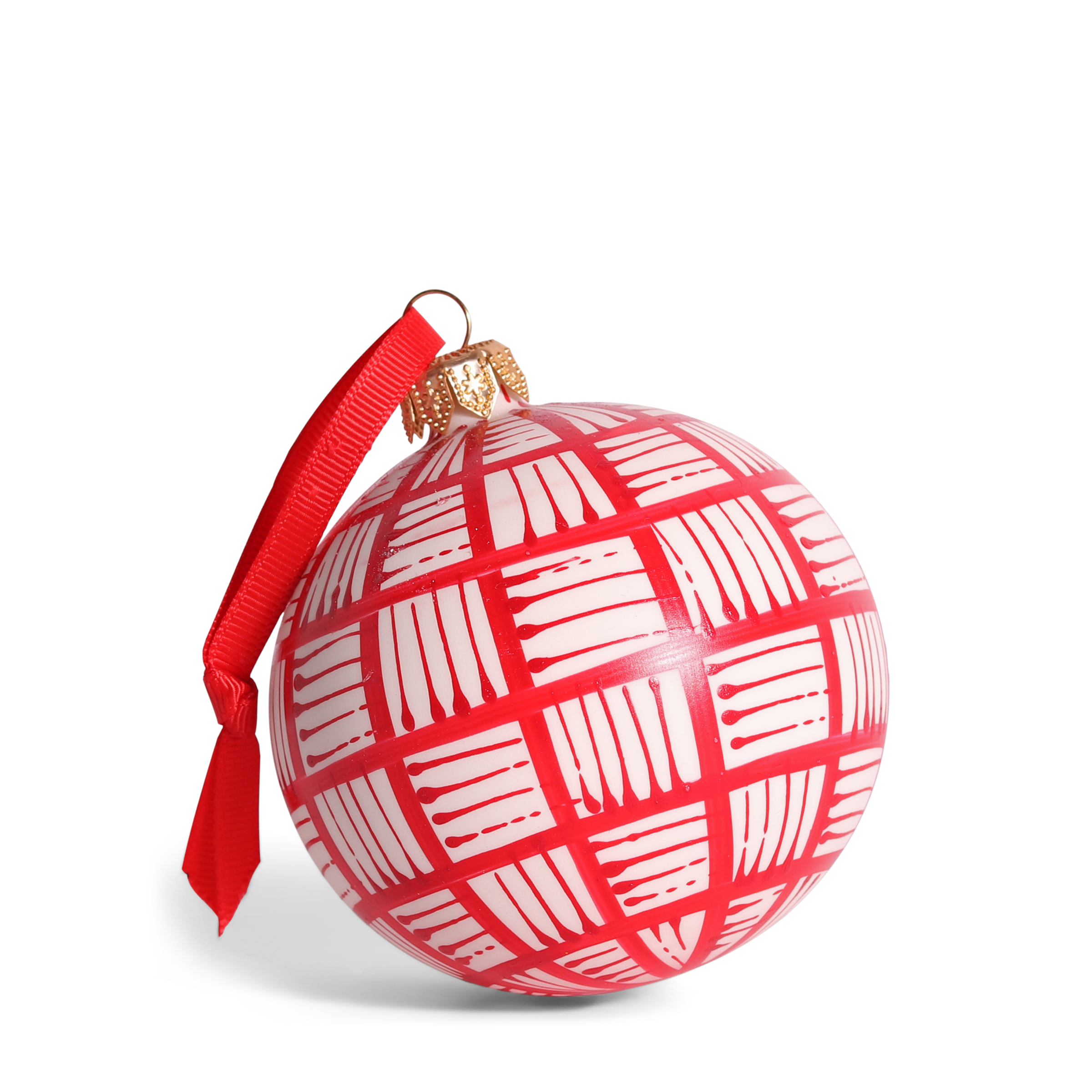 Lines Glass Bauble 8cm, Red on Natural