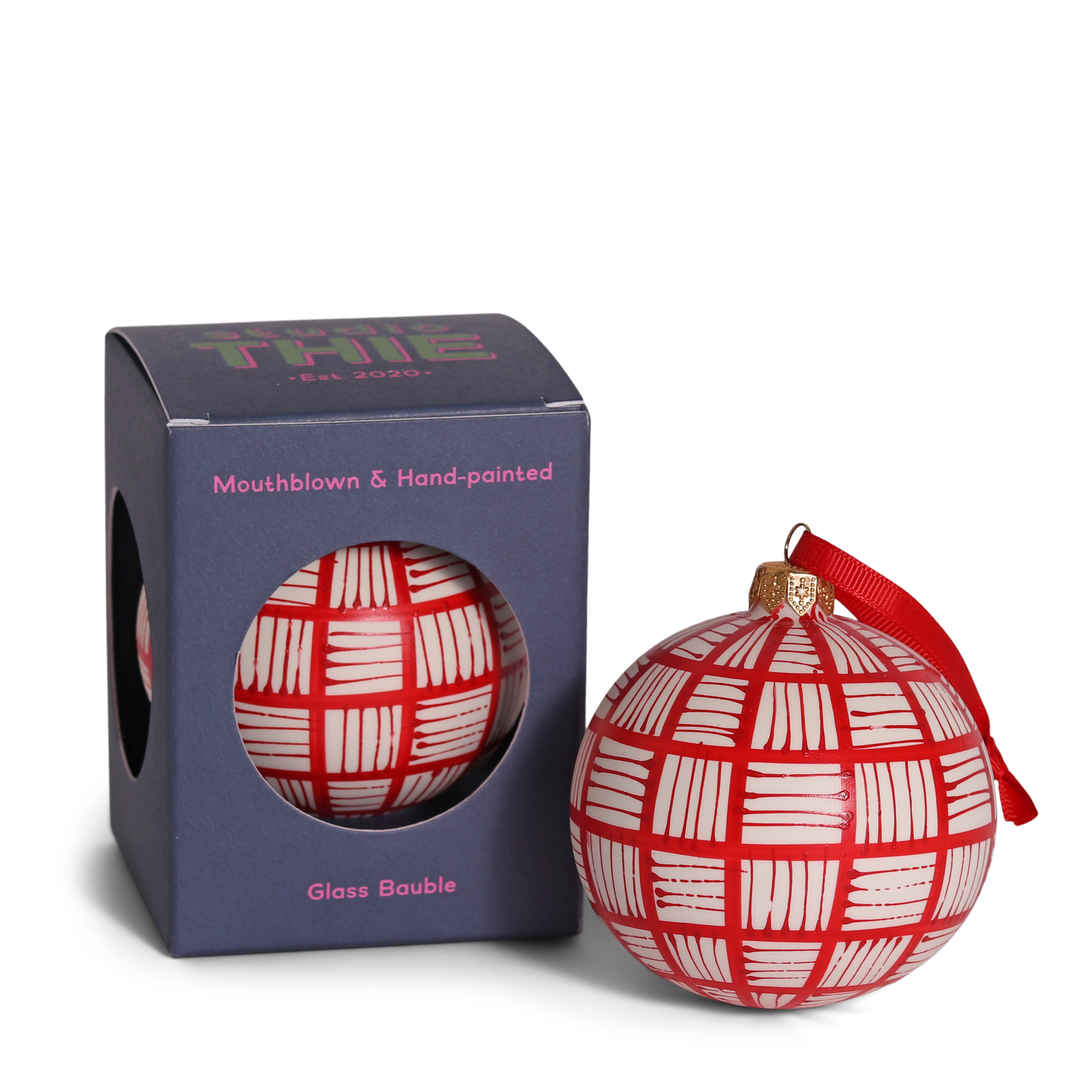 Lines Glass Bauble 8cm, Red on Natural