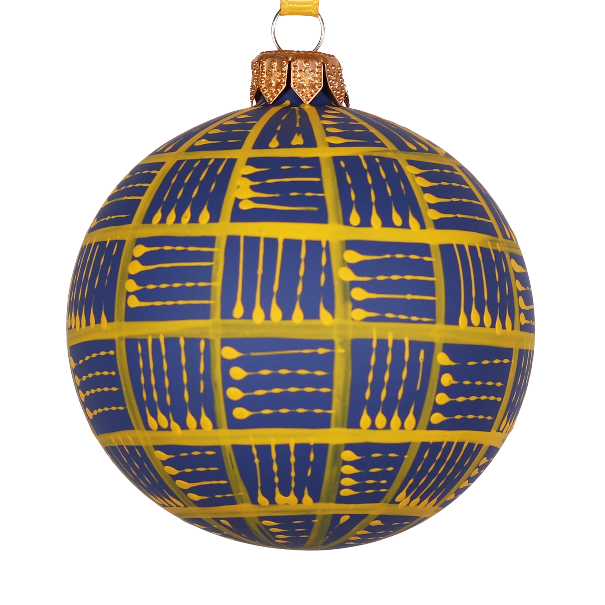 Lines Glass Bauble 8cm, Golden on Navy