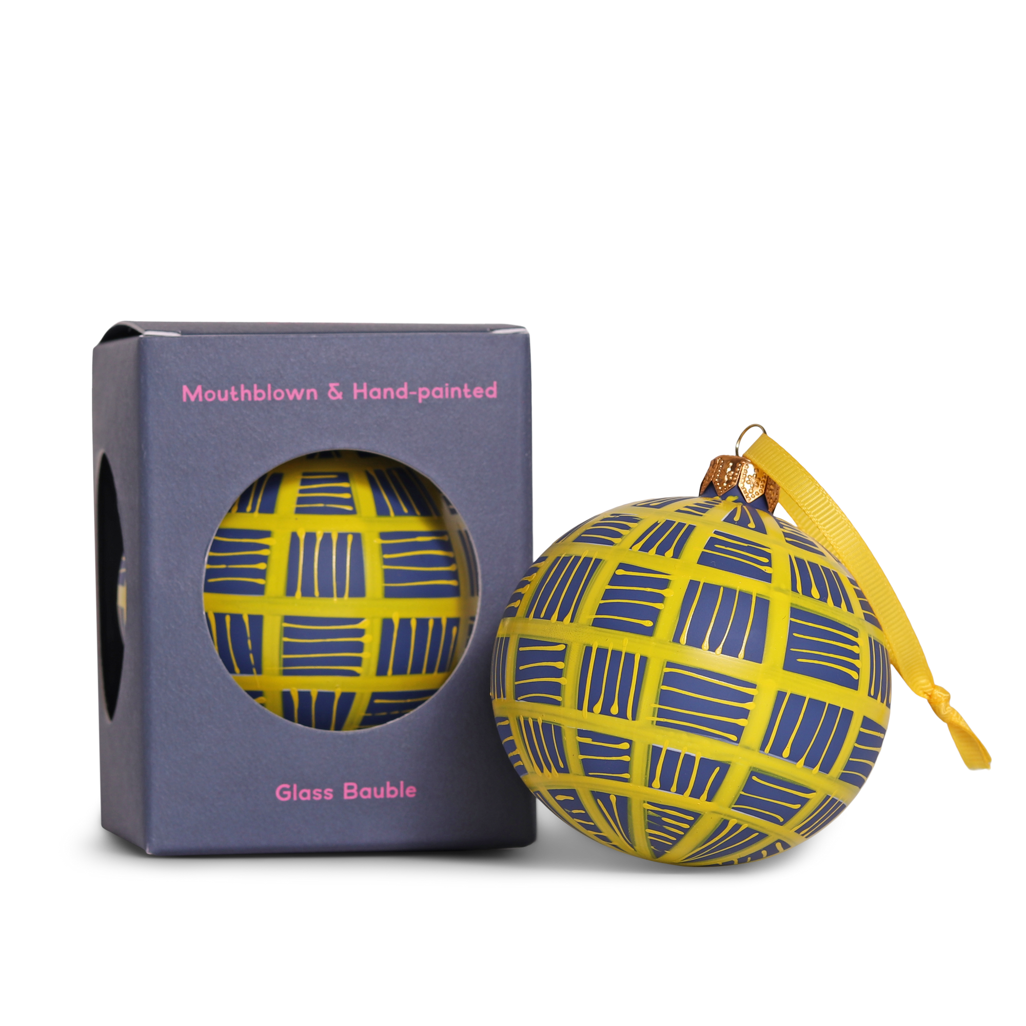 Lines Glass Bauble 8cm, Golden on Navy