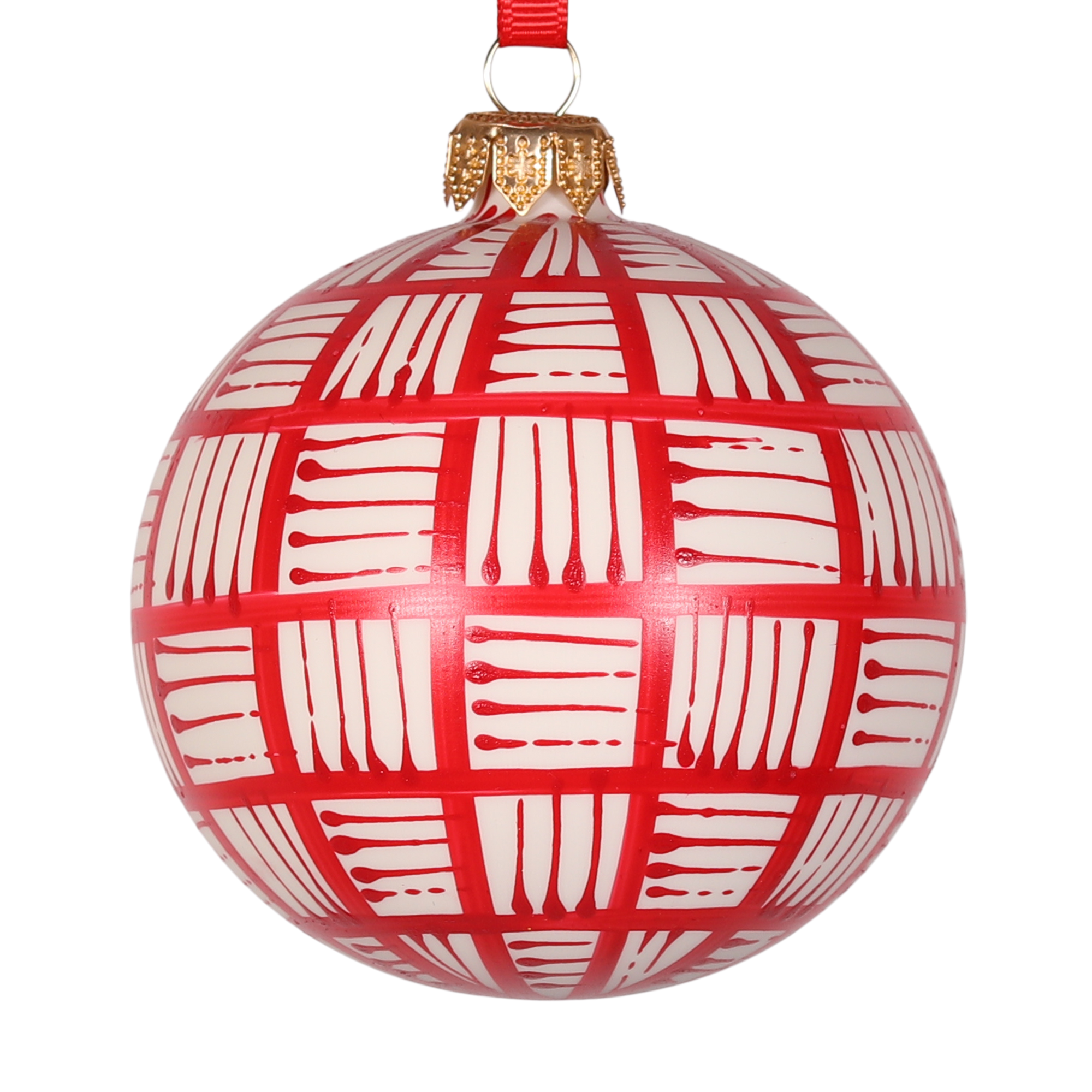 Lines Glass Bauble 8cm, Red on Natural