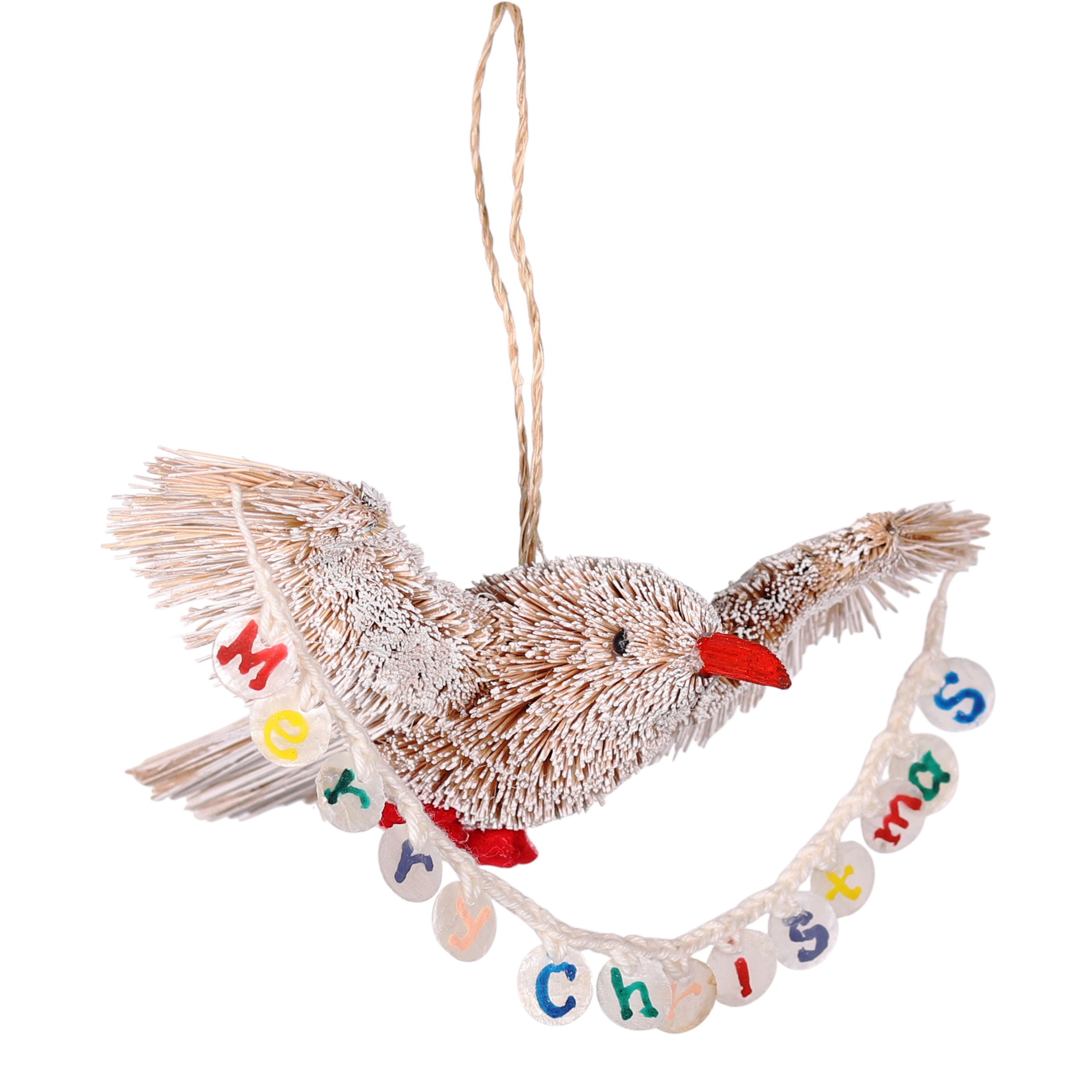 Bristle Bird Merry Christmas Decoration, 15cm