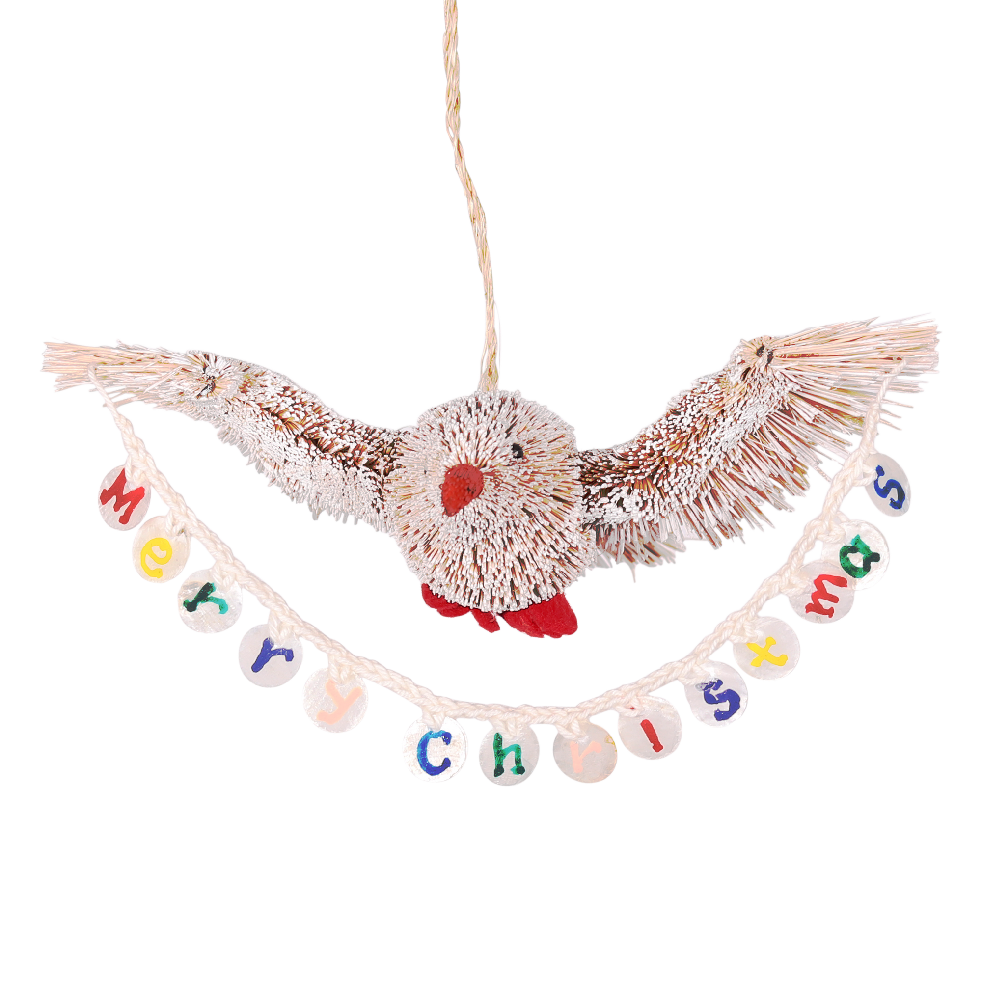 Bristle Bird Merry Christmas Decoration, 15cm