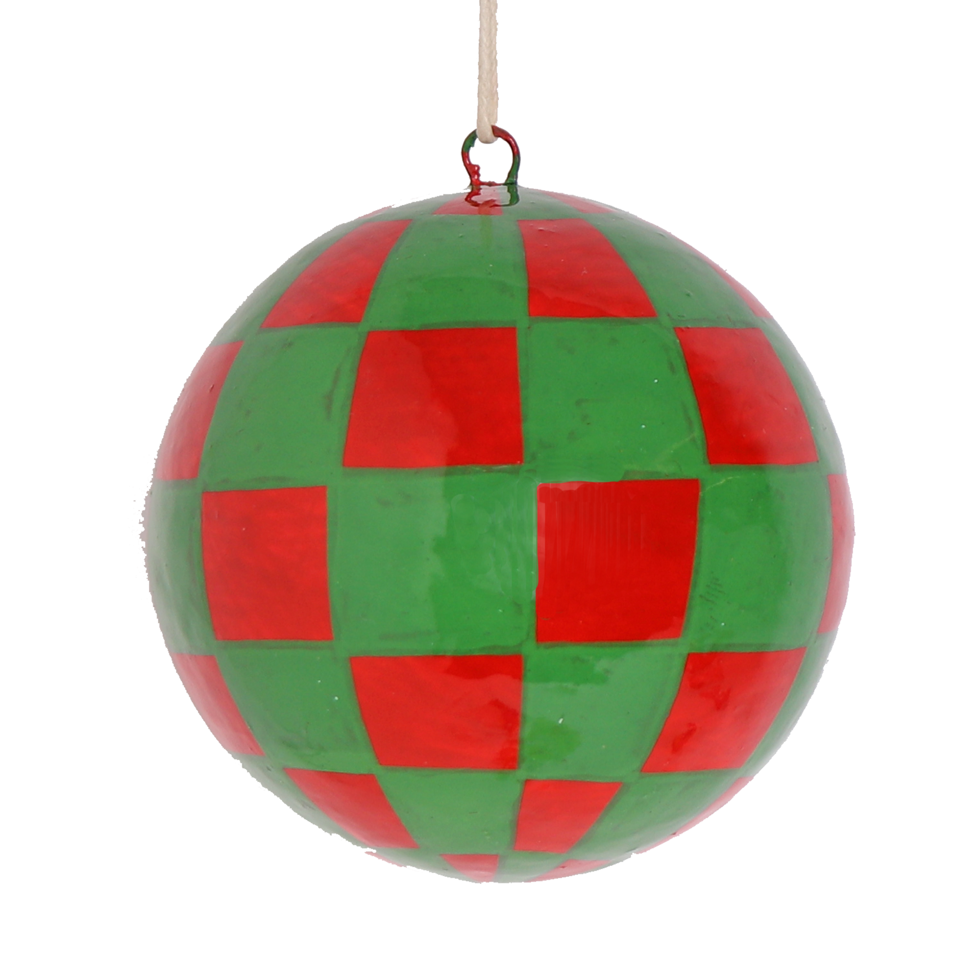 Two-Tone Checkerboard Green & Red Papier Mâché Bauble