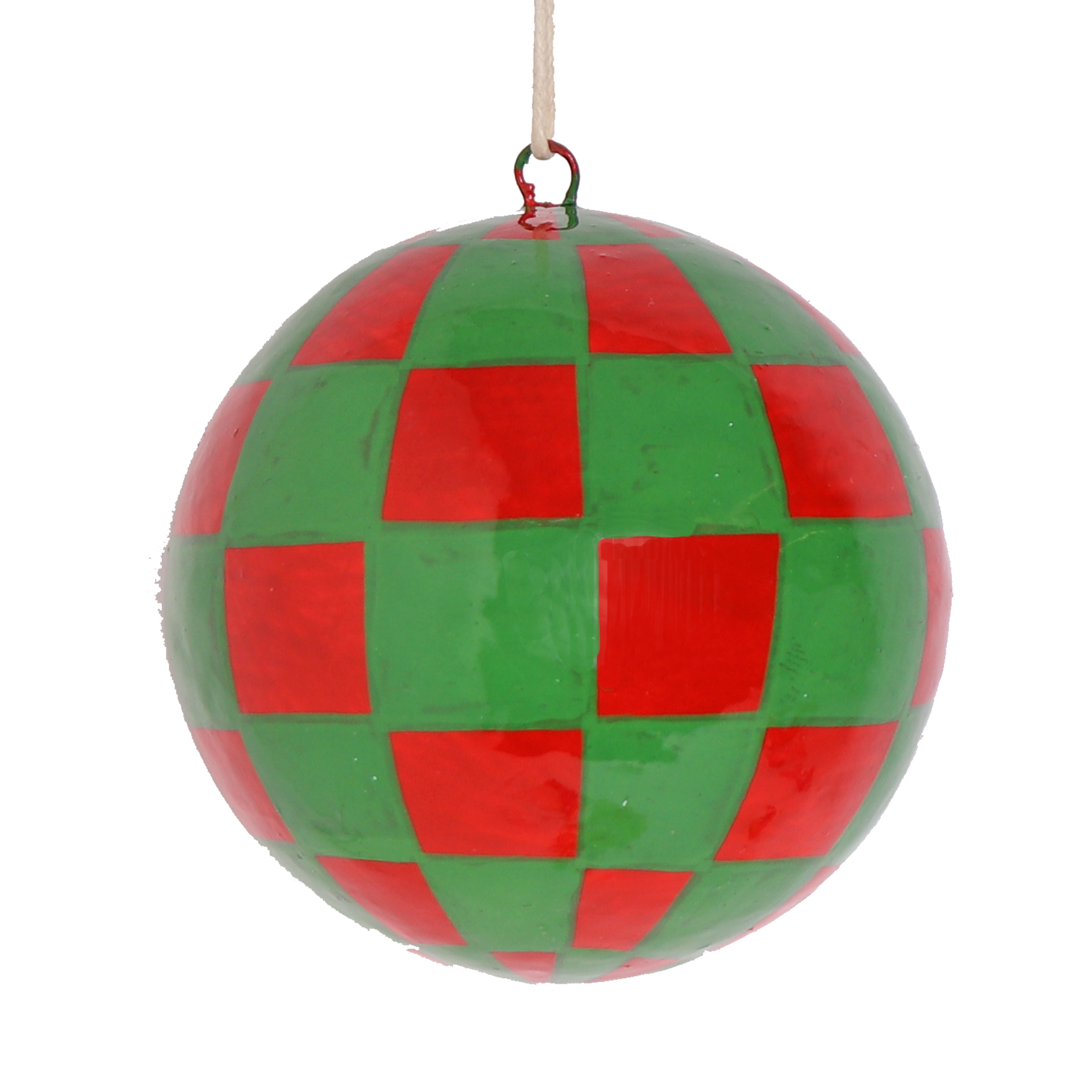 Two-Tone Checkerboard Green & Red Papier Mâché Bauble